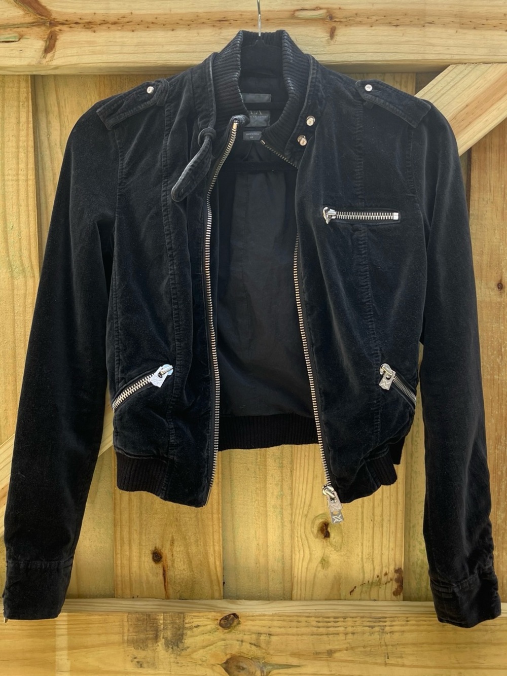 Armani Exchange Black Velvet Bomber Jacket with Silver Hardware